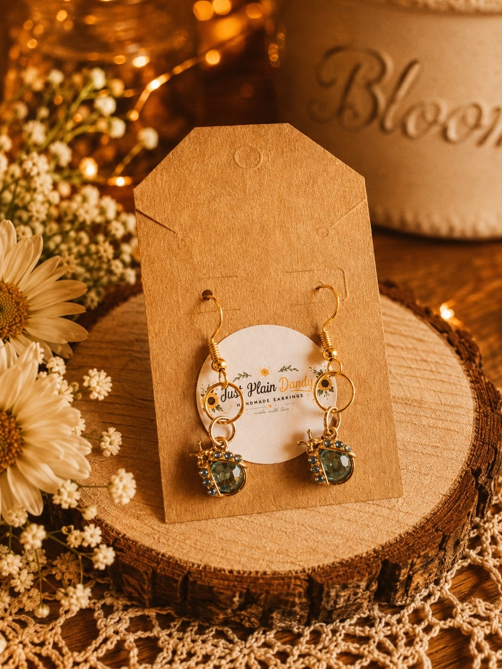 Blue Rhinestone Ladybug Gold Dangle Earrings